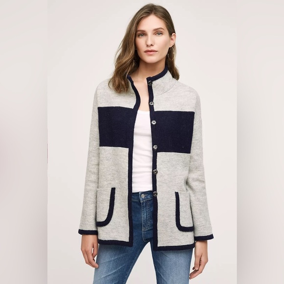 Anthropologie Moth Colorblocked 100% Wool Sweater Coat - Picture 1 of 12